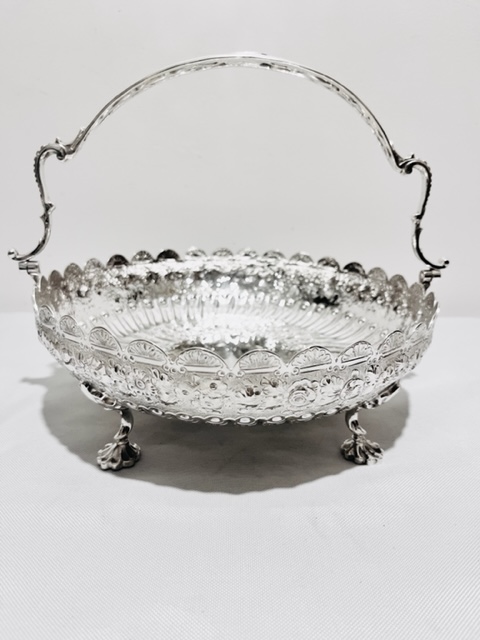 Silver Plated Round Basket Embossed with Flowers and Leaves
