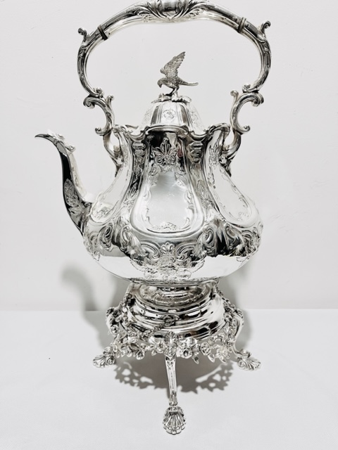 Handsome Antique Silver Plated Tea Kettle on Stand with Eagle Finial