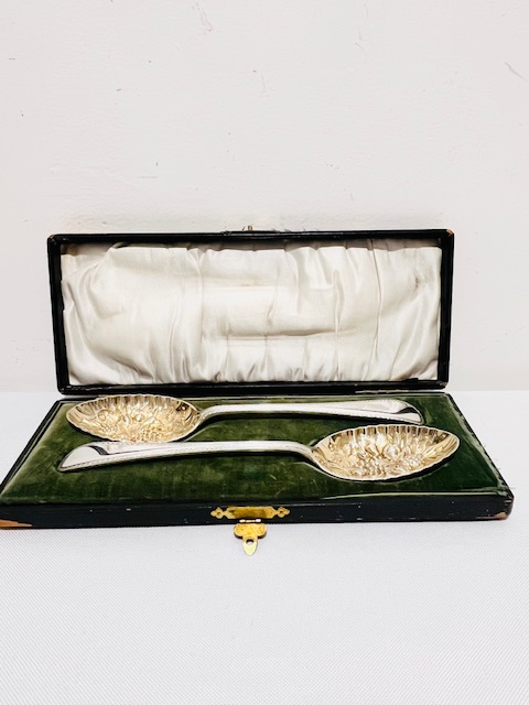 Boxed Pair of Antique Silver Plated Berry Spoons