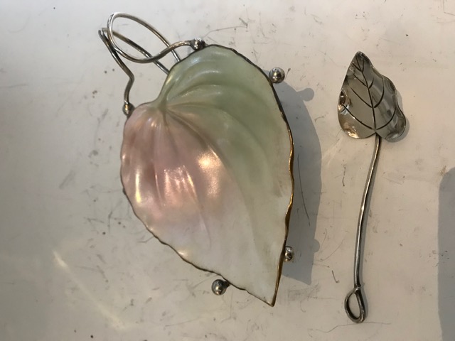 Iridescent Leaf Shaped Porcelain Jam Preserve Dish on Silver Plated Stand