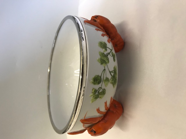 Antique WMF majolica silver plated rimmed porcelain body salad bowl decorated with realistic lobsters and foliage (c.1920)