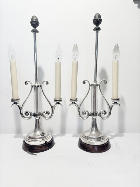Pair of Lyre Shaped Table Lamps Each Holding Two Lights and a Glass Column