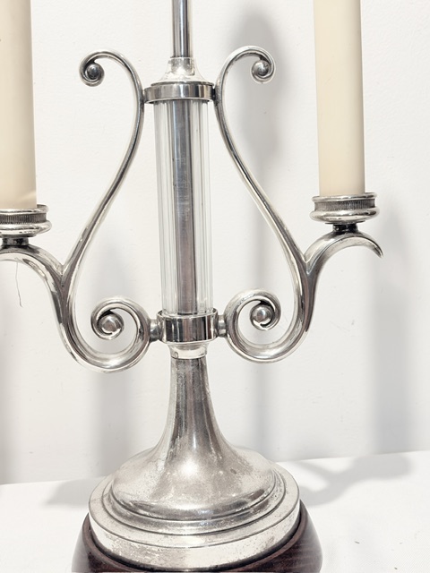 Pair of Lyre Shaped Table Lamps Each Holding Two Lights and a Glass Column