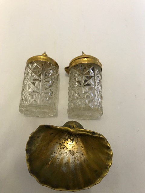 Gold Plated Two Bottle Cruet with Salt Shell on Dolphin Feet