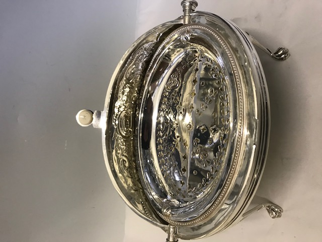 Antique Silver Plated Rollover Breakfast Bacon Serving Dish with Elaborately Embossed Dome