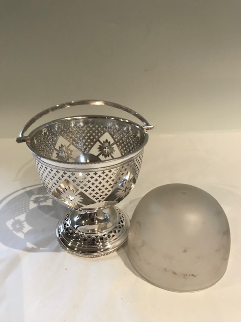 Silver Plated Pierced Dish with Frosted Glass Liner and Swing Handle