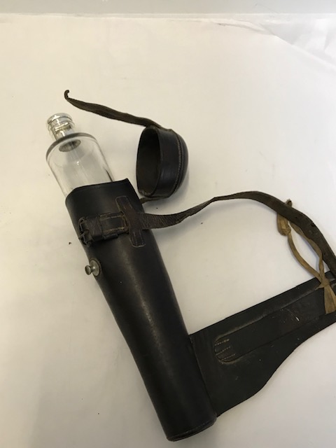 Silver Plated Mounted Glass Hunting Flask with Brown Leather Holster