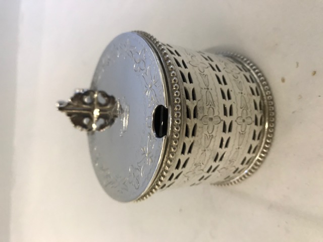 Silver Plated Drum Shaped Mustard Pot with a Stylish Thumb Piece