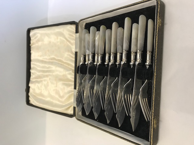 Boxed Set of Six Fish Knives and Forks with Mother of Pearl Handles