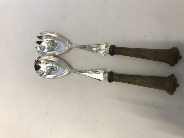 Pair of Oak and Silver Plated Salad Servers with Makers Mark to Reverse