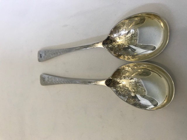Antique Pair of Boxed Berry Fruit Serving Spoons with Part Engraved Bowls and Handles