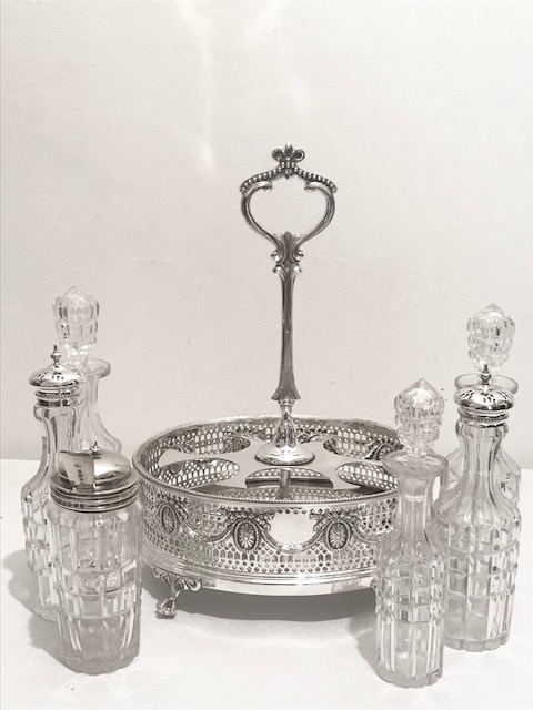 Antique Martin Hall & Company Silver Plated 6 Bottle Cruet and Stand