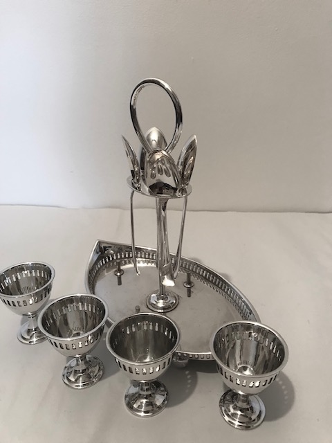 Vintage Silver Plated Egg Cruet with Four Egg Cups and Spoons