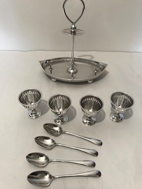 Vintage Silver Plated Egg Cruet with Four Egg Cups and Spoons