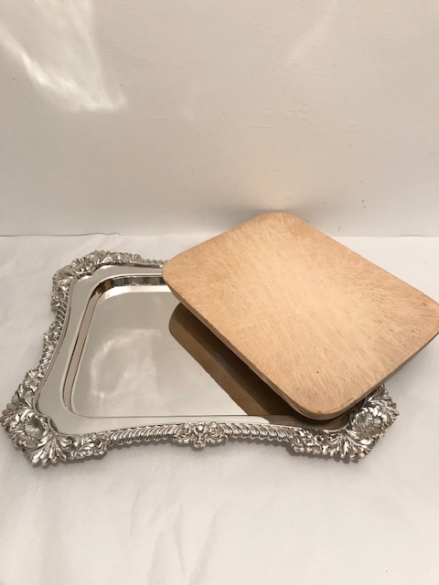 Antique Silver Plated and Wood Rectangular Bread and Cheese Board