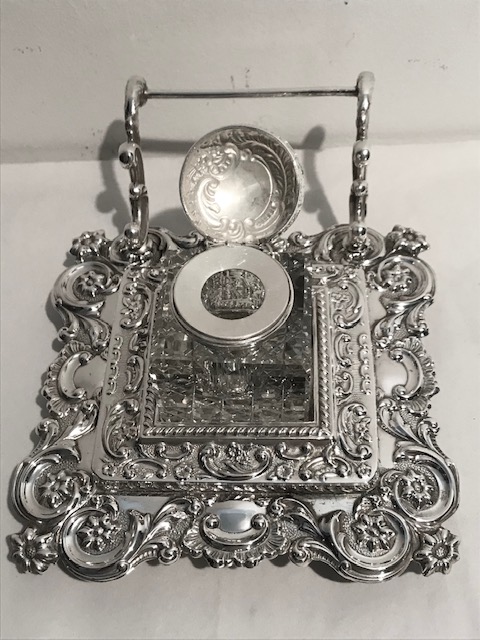 Antique Silver Plated Ink Stand Elaborately Embossed and with Cut Glass Inkwell