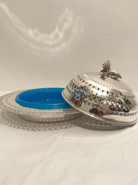 Antique Silver Plated Butter or Preserve Dish with Turquoise Glass Liner