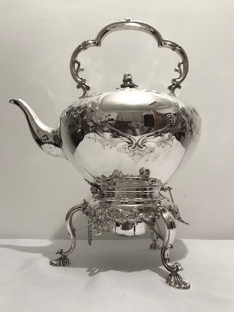 Antique Silver Plated Tea Kettle on Stand Elaborately Mounted with Scrolls and Shells