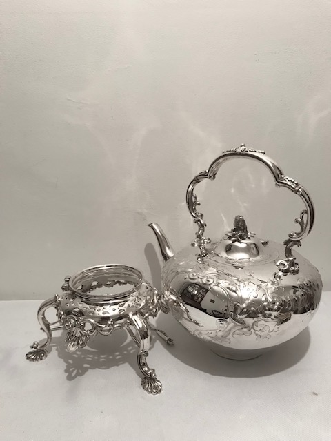 Antique Silver Plated Tea Kettle on Stand Elaborately Mounted with Scrolls and Shells