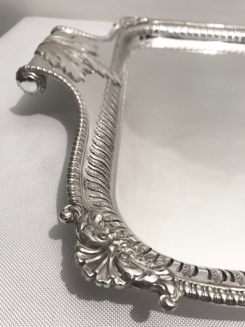 Smart Rectangular Antique Silver Plated Tray with Scroll Handles