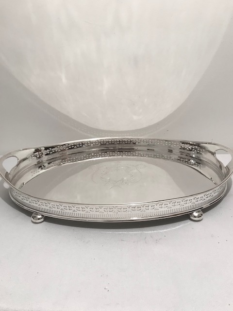 Antique Silver Plated Oval Gallery Tray with Raised Edges with Handles