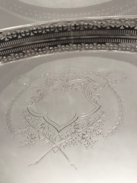 Antique Silver Plated Oval Gallery Tray with Raised Edges with Handles
