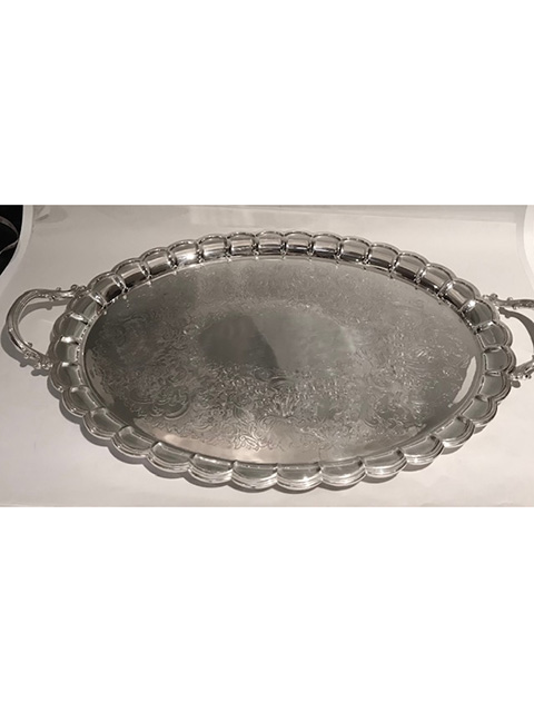 Antique Oval Silver Plated Tray with Crimped Edges with a Reeded Mount