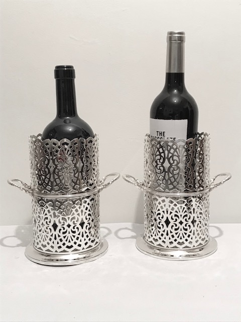 Pair of Antique Silver Plated Wine Bottle Holders with Side Handles