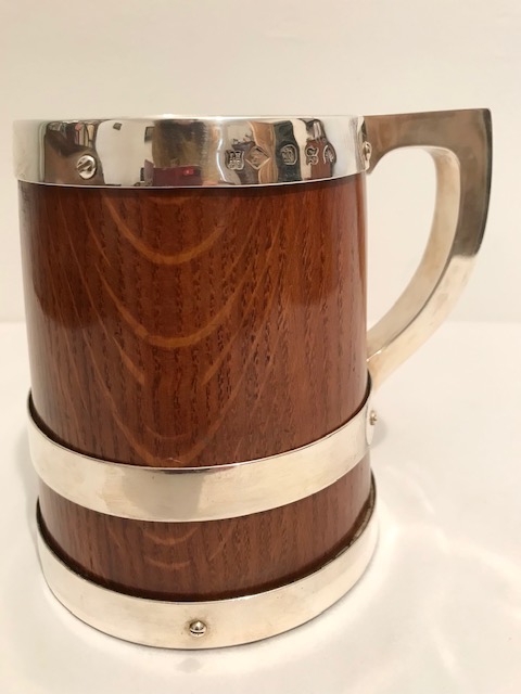 Handsome Antique Banded Silver Plated and Oak Tankard