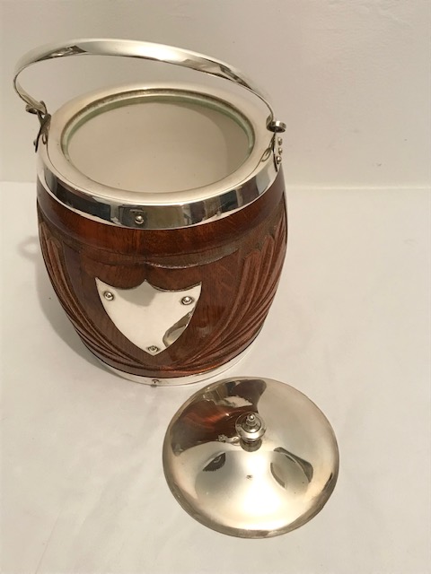 Antique Silver Plated and Oak Biscuit Ice Barrel Carved with Fronds