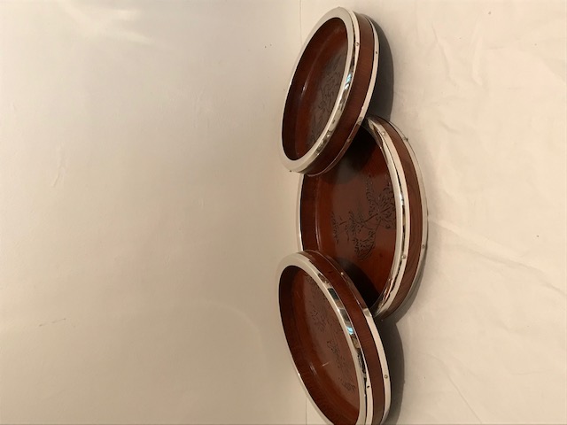 Set of Three Turned Oak Graduating Trays with Silver Plated Bands