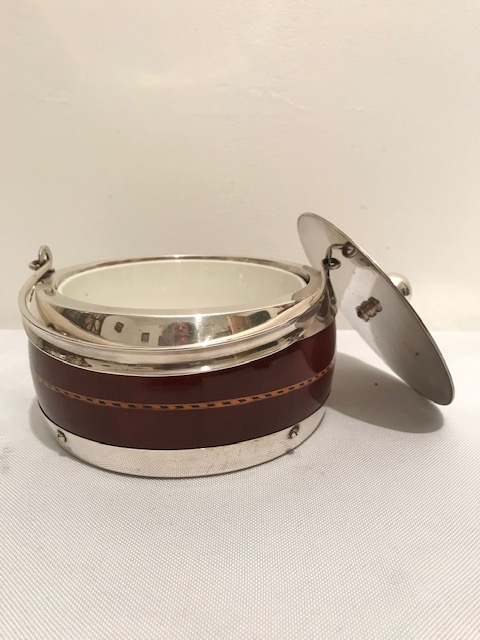 Antique Silver Plated and Wood Jam or Preserve Dish with Original Ceramic Liner