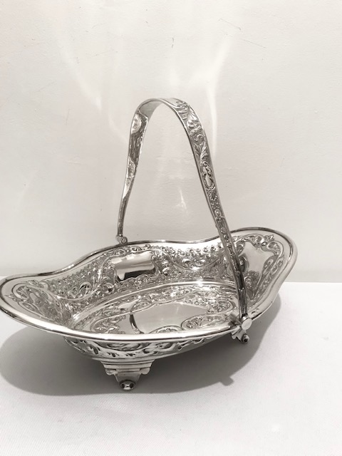 Antique Silver Plated Fruit Bread or Flower Basket Embossed with Scrolls Dots and Berries