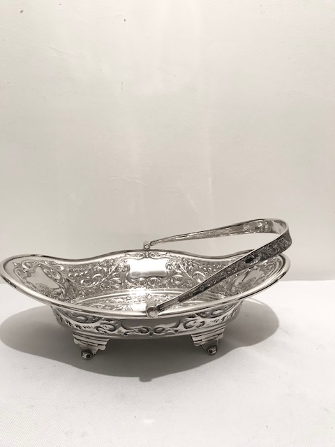 Antique Silver Plated Fruit Bread or Flower Basket Embossed with Scrolls Dots and Berries
