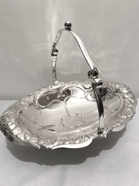 Antique Silver Plated Flower Fruit or Bread Basket Embossed with Flowers and Leaves to the Raised Edge