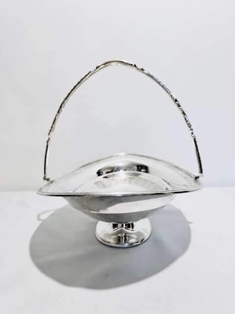 Oval Antique Silver Plated Cake or Fruit Basket with Elaborate Swing Handle