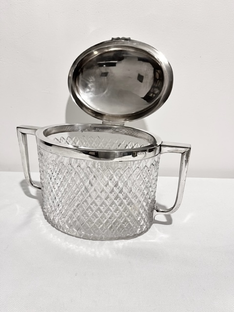 Antique Silver Plated and Cut Glass Oval Biscuit Box with Rectangular Handles