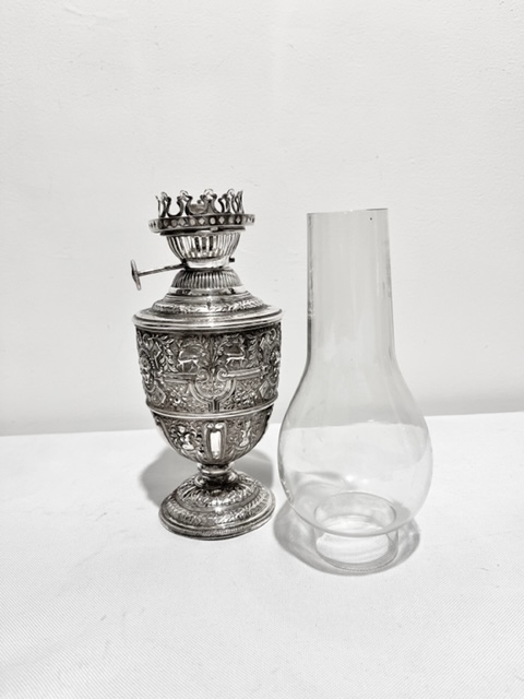 Elaborately Decorated Charming Antique Silver Plated Oil Lamp