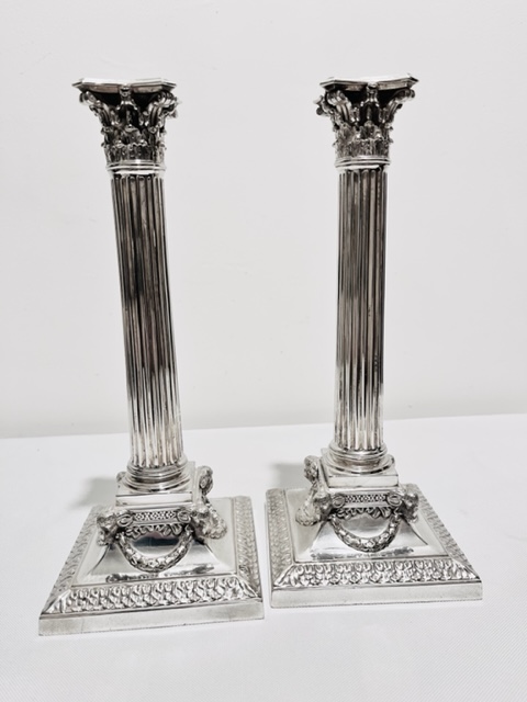 Smart Pair of Antique Silver Plated Corinthian Column Candlesticks