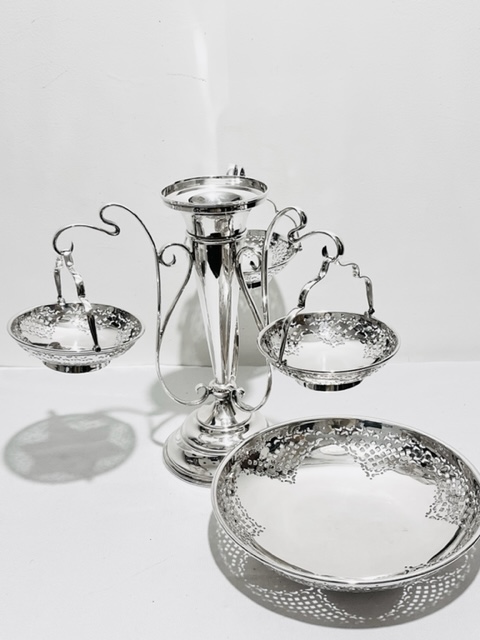 Antique Silver Plated Epergne with Three Swing Handle Baskets