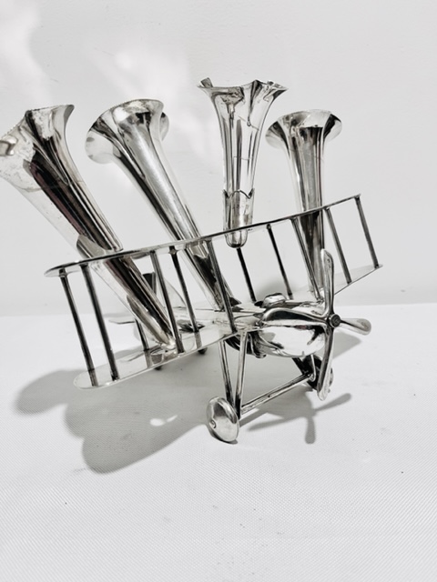 Novelty Silver Plated Model of a Bi-Plane Holding Four Flutes for Flowers