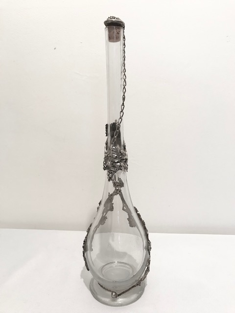 Antique Silver Plated and Glass Claret Jug Decorated with Cast Grape and Vine Leaves