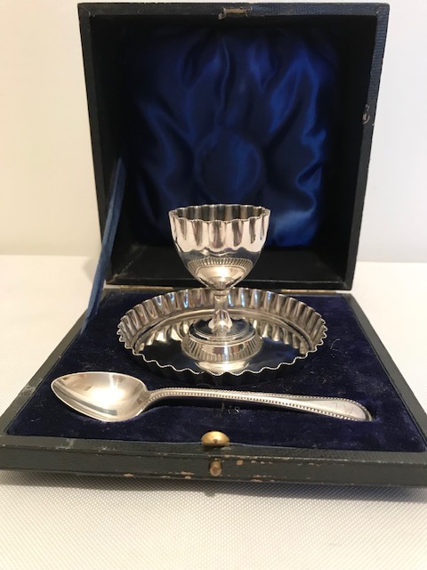 Charming Antique Silver Plated Boxed Egg Cup Tray and Spoon