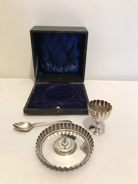 Charming Antique Silver Plated Boxed Egg Cup Tray and Spoon