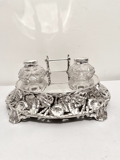 Victorian Silver Plated Inkstand with an Oval Tray Pierced and Decorated Profusely with Leaves and Bell Shaped Flowers
