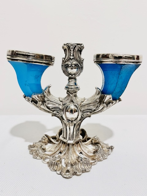 Fabulous Antique Silver Plated Double Inkstand with Turquoise Glass Inkwells
