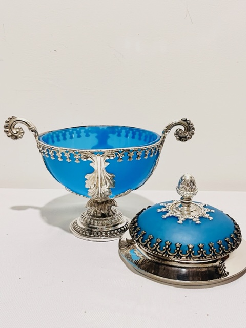 Antique Silver Plated and Turquoise Glass Preserve or Jam Dish