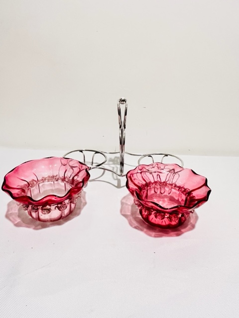 Antique Silver Plated Jam or Preserve Stand with Two Cranberry Glass Dishes