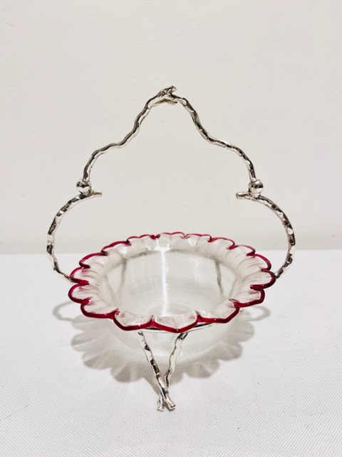 Antique Twig Effect Decoration Silver Plated and Cut Glass Jam or Preserve Dish