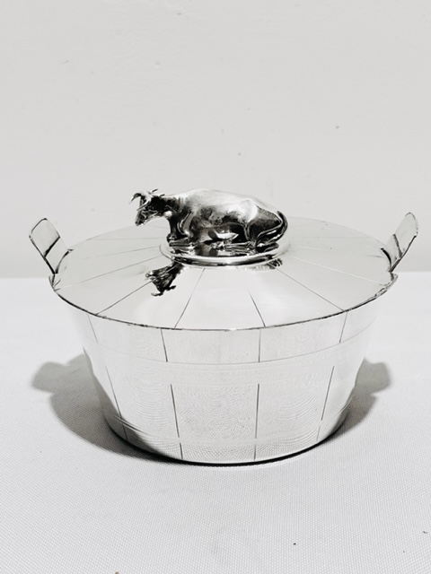 Antique Silver Plated Butter Dish with Reclining Cow Finial